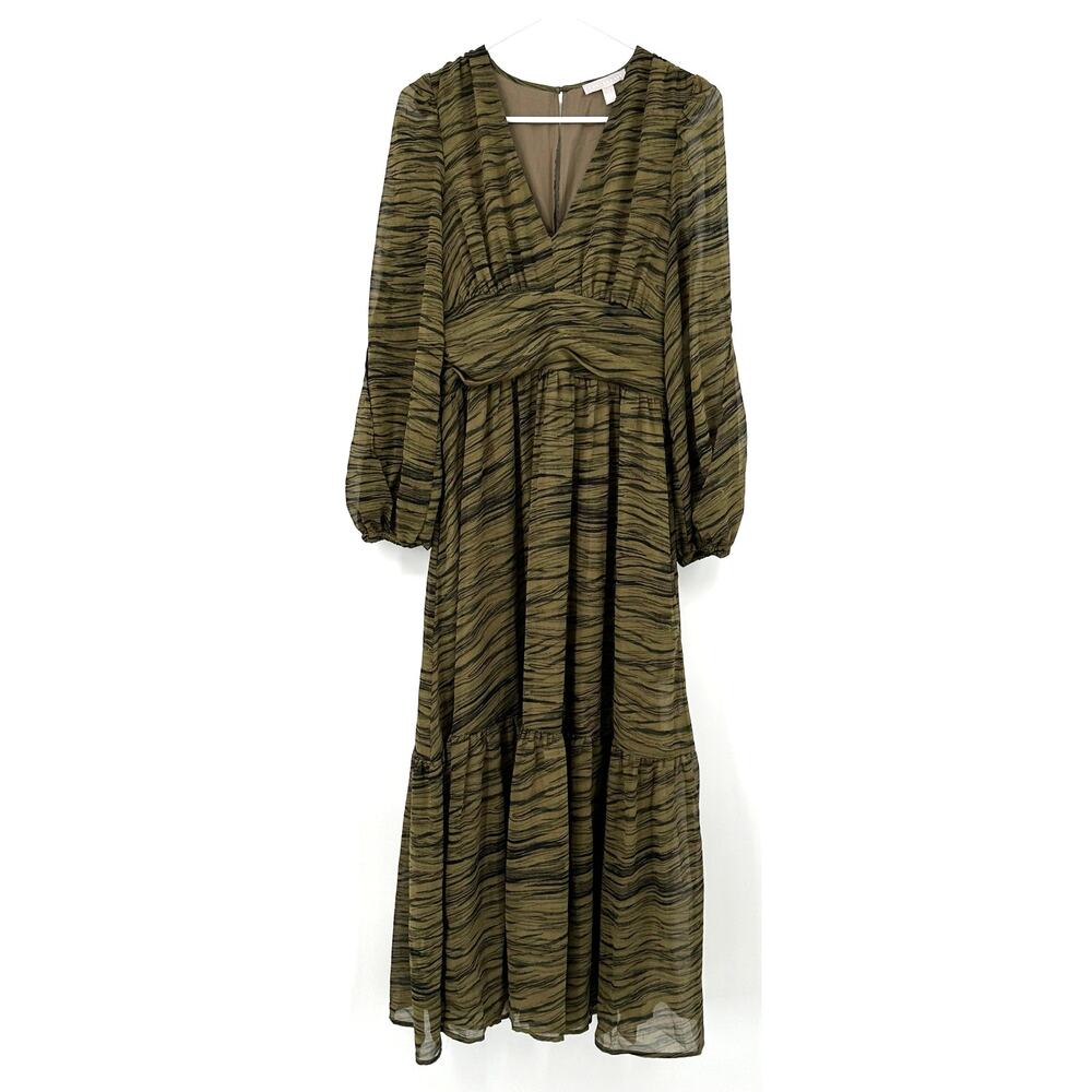 Chelsea28 Size Small Long Sleeve Maxi Dress Green Black Tiered Skirt Rear Zip